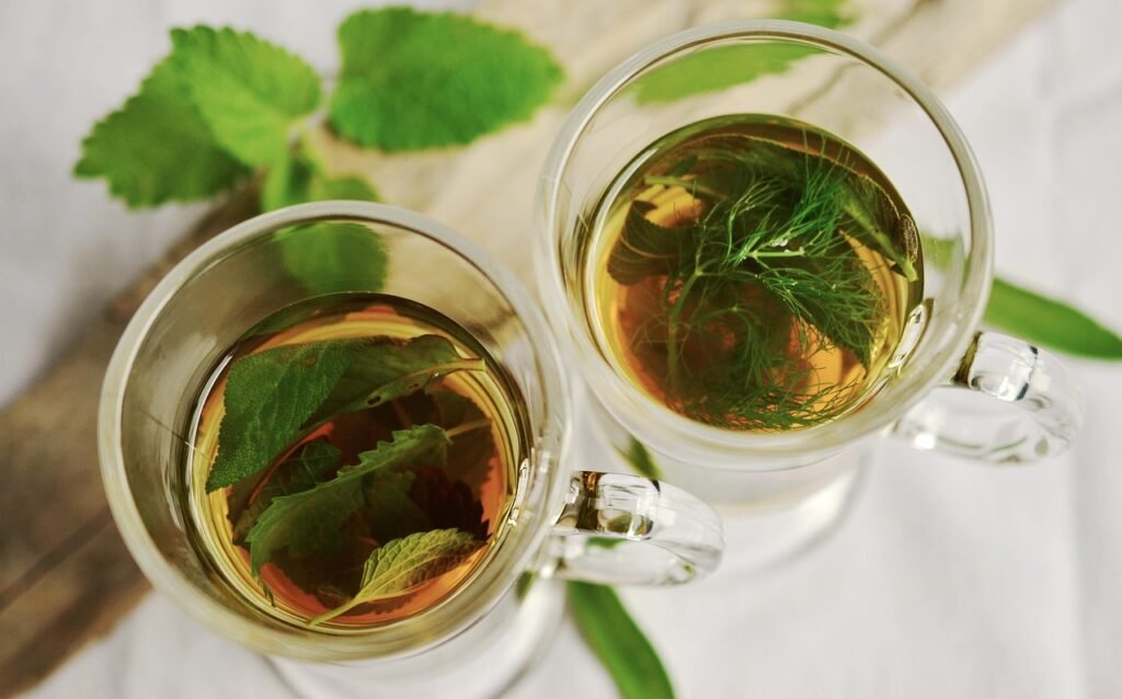 herbal tea, tea, herbs, cups, teacups, drinks, beverages, mint, sage, fennel flavor, healthy, medicinal herbs, nature, peppermint, leaves, tea herbs, herbal plant, glass