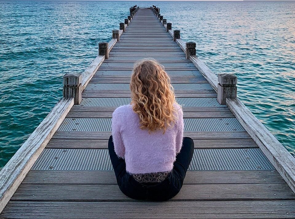 woman, sit, boardwalk, jetty, pier, sea, ocean, clouds, perspective, horizon, sky, seascape, blonde woman, sitting, wooden planks, walkway, alone, solitude, solitary, meditation, relaxation, zen, nature, calm, meditation, meditation, meditation, meditation, meditation